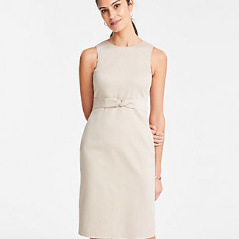 NWOT Ann Taylor Tie Front Sheath Dress in Cotton Sateen (Island Sand) Size 12